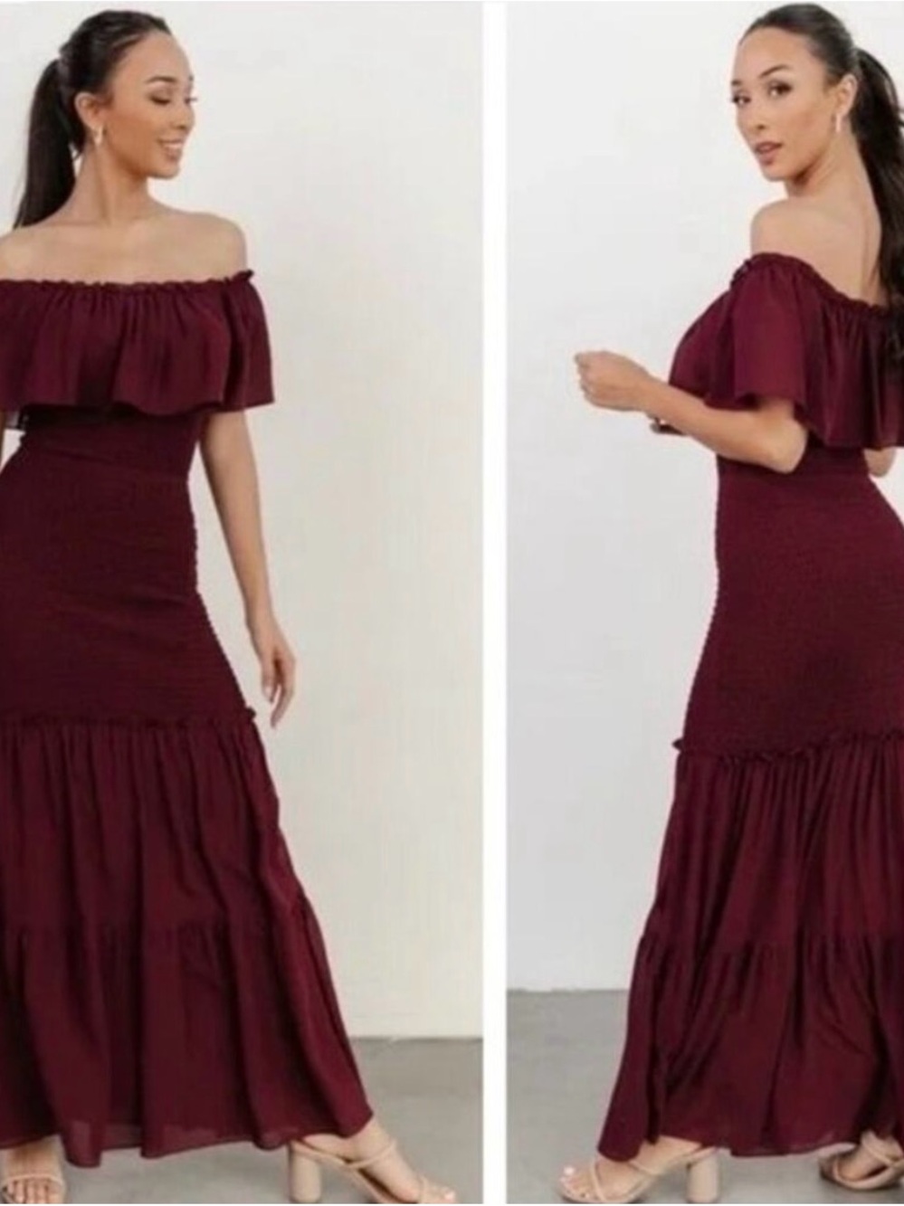 Baltic Born Off-Shoulder Tiered Smocked Maxi Dress in Burgundy